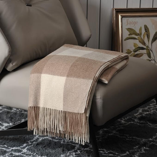 EP Mode 100% Pure Cashmere Throw Blanket for Sofa, Classic Design with Gift Box (Neutral Checkered)