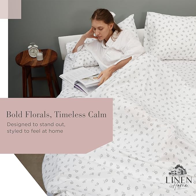 Linen Home 100% Cotton Printed Percale Sheets Queen Size, Deep Pocket, 4 Pieces Set - 1 Flat, 1 Deep Pocket Fitted Sheet and 2 Pillowcases, Crisp Cool and Strong Bed Linen, Mauve Silhouette Floral