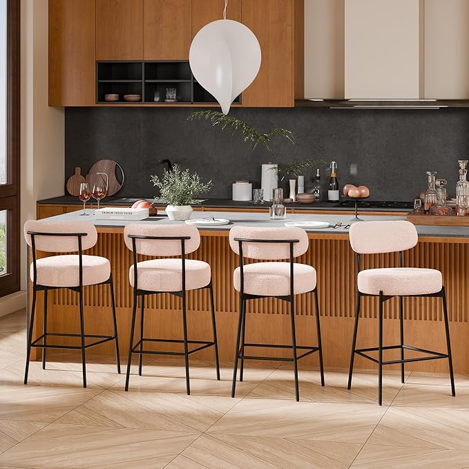 DYHOME Bar Stools Set of 4, 24 Inches Modern Counter Height Bar Stools with Curved Back Metal Legs, Beige Upholstered Boucle Barstools for Kitchen Island, Cafe