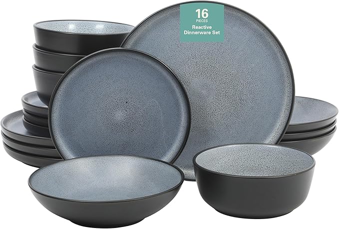 Gibson Elite Tribeca Loft 16-Piece Dinnerware Set – Matte Black and Blue Reactive Glaze Stoneware, Double Bowl Round Plates and Bowls – Modern Rustic Dinnerware for 4, Dishwasher & Microwave Safe