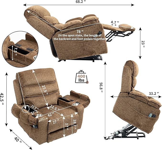 Power Lift Chair with Heat and Massage for Elderly Big Man 400lb, 27in Extra Wide Lay Flat Recliner with Hidden Cup Holders, Infinite Position Lifting Recliners for Seniors, Extended Footrest