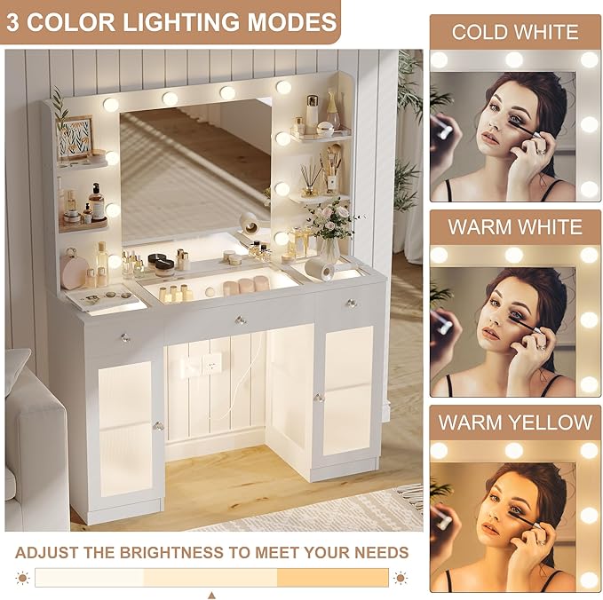 Makeup Vanity with Glass Top, White Vanity Desk with Mirror and Lights, Big Vanity with Drawers & Cabinets for Bedroom, Cute Vanity with Crystal Knobs & Power Outlet for Women, Girls