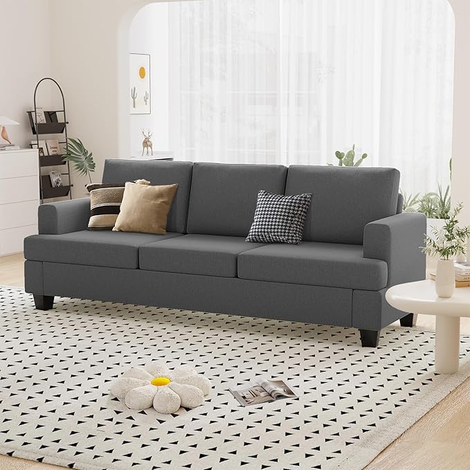 Furnimart 85 inch Grey 3 Seater Couches, Modern Cozy Deep Seat Sofa, Comfy Fluffy Couch for Living Room, Small Couches for Small Space, with Removable Sofa Cover, Dark Grey