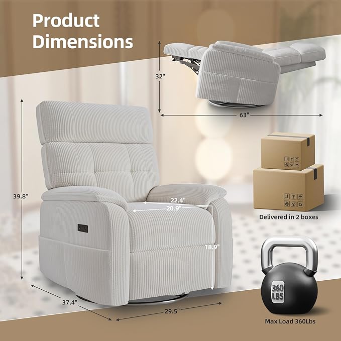 Claiks Power Swivel Rocker Recliner Chair, Oversized Recliner Chairs for Adults, Corduroy Overstuffed Reclining Chair with USB and Type-C Ports for Living Room, White