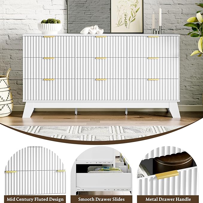 Fluted Dresser for Bedroom with 9 Drawers, 57" White Dressers & Chest of Drawers, Mid Century Modern Dressers TV Stand, Boho Wood Dresser for Closet Wide Storage Organizer for Living Room, Hallway