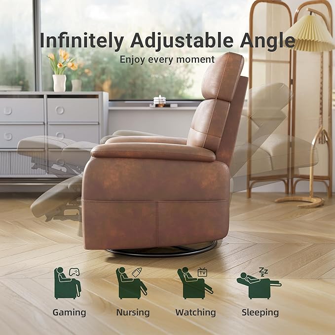 Claiks Power Swivel Rocker Recliner Chair, Oversized Recliner Chairs for Adults, Tech Cloth Overstuffed Reclining Chair with USB and Type-C Ports for Living Room, Brown