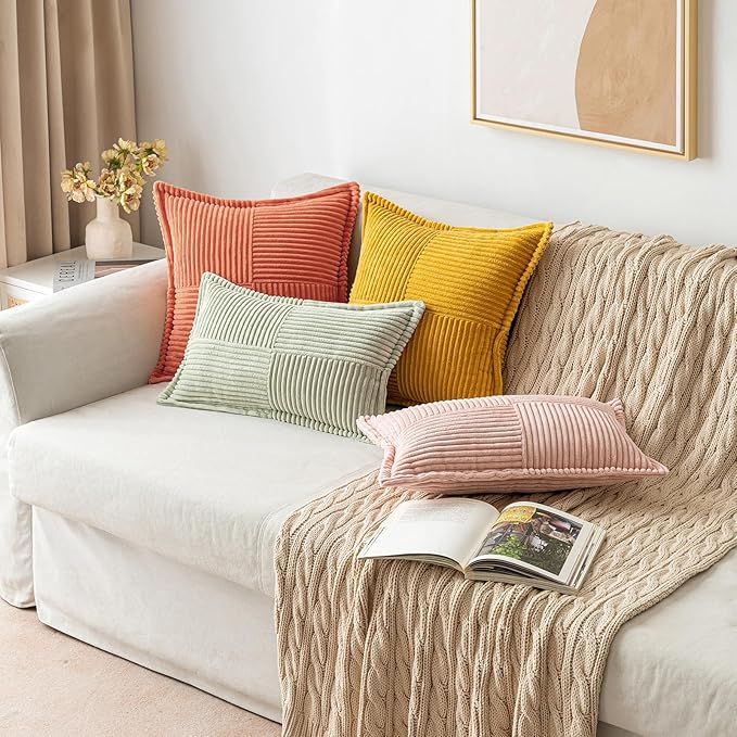 MIULEE Decorative Throw Pillow Covers for Couch Bed Livingroom 16x16 Inch Set of 2 Coral Red Boho Accent Throw Pllows Broadside Striped Patchwork Soft Corduroy Summer Pillowcases