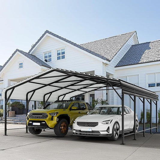 JY QAQA 20 x 20 FT Metal Carport Kits with Galvanized Steel Roof, Heavy Duty Metal Carport Canopy, Outdoor Car Tent Garage Shelter for Car, SUV, Truck and Boats
