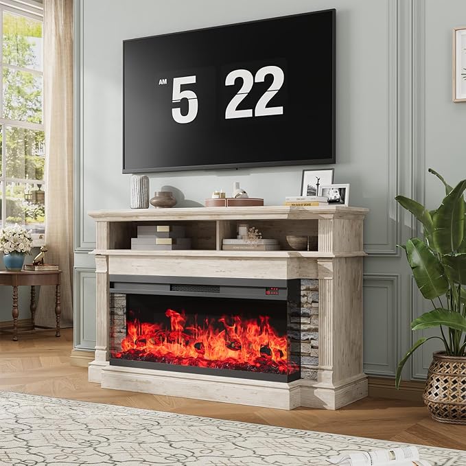 QUW Fireplace TV Stand for TVs up to 65", Farmhouse 52"Fireplace Entertainment Center with 36" 3-Side Glass Electric Fireplace, TV Console with Open Storage Shelves for Living Room, Antique Brush Grey