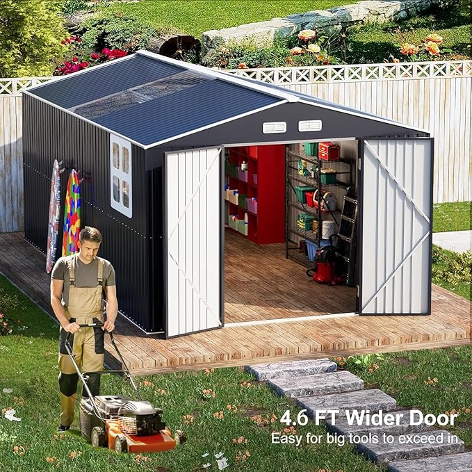 Restland 10x16 FT Outdoor Storage Shed Reinforced Frame Metal Shed with Clear Roof, Air Vent & Lockable Door Large Garden Tool Storage Sheds for Backyard, Garden, Lawn