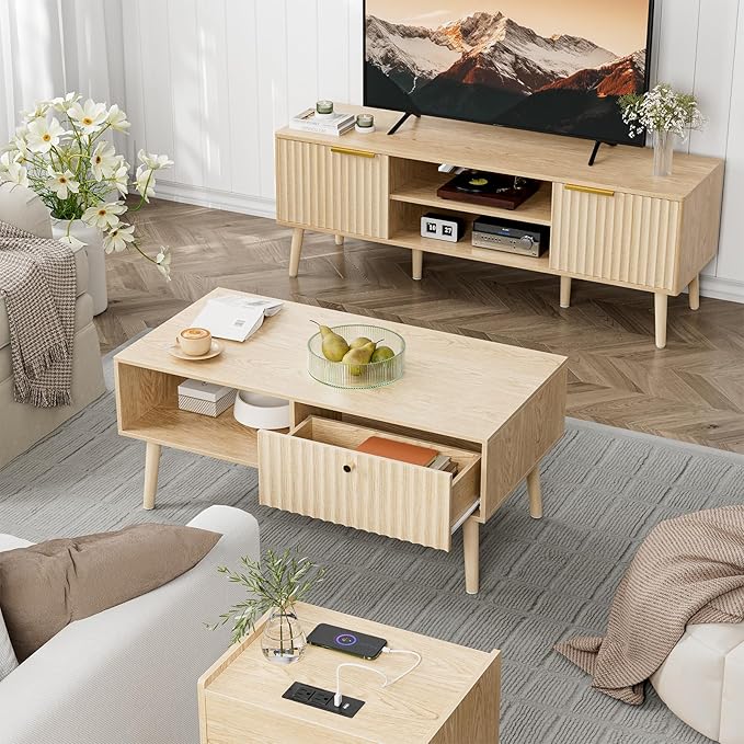 Coffee Table with Storage, Boho Dining Table with Fluted Drawer and Solid Wood Legs, Small Coffee Tables for Living Room, Oak