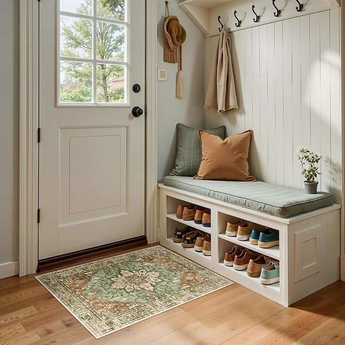 Area Rugs 2'x3' Washable Non-Slip, Floral Vintage Distress Print Pattern Medallion Carpet for Living Room Bedroom Dining Room, Brick Red Rust Neutral Brown Burnt Orange Green