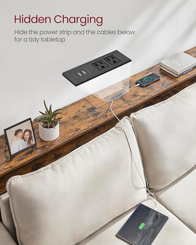 VASAGLE 55.1-Inch Console Table with Outlet and Shelves, Sofa Table with Charging Station, Behind Couch Table Skinny, Entryway Table for Hallway, Living Room, Rustic Brown and Ink Black ULNT120K01