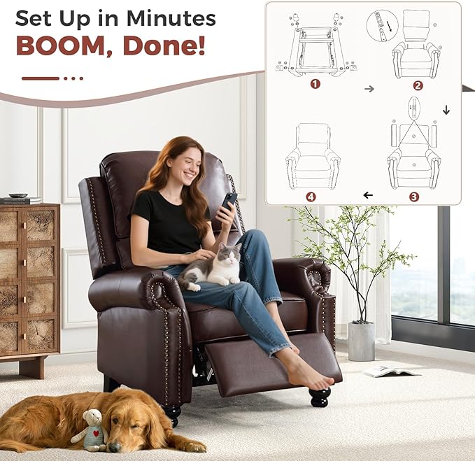 ANJ Push Back Recliner Chair, Textured Leather Overstuffed Wingback Recliner, Adjustable Pushback Chair with Padded Seat and Back, Single Reclining Sofa for Living Room, Bedroom(Dark Brown)