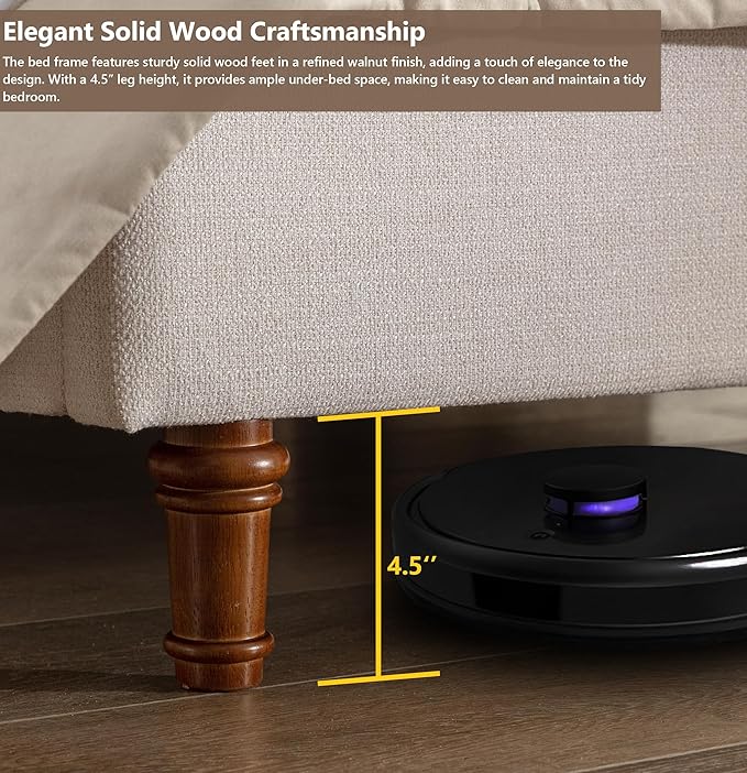 King Size Upholstered Bed Frame with 54" Tall Wingback Headboard, Chenille Fabric, Sturdy Metal and Wood Support, Solid Wood Feet, Box Spring Required (Ivory White Chenille, King)