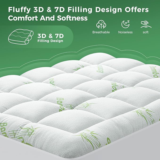 HYLEORY Mattress Topper Twin Size - Thick Bamboo-Viscose Cooling Pillow Top Mattress Pad Breathable Fluffy Soft Mattress Cover with 8-21" Deep Pocket, Green