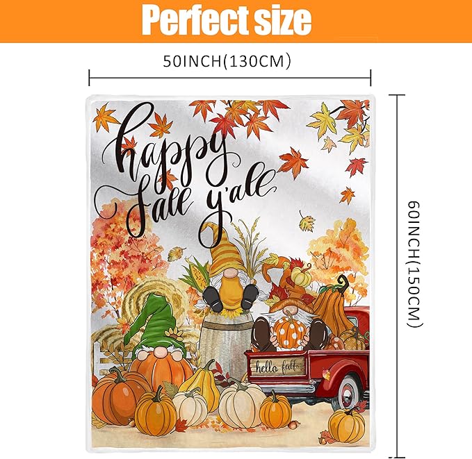 Fall Blanket, Fall Gnome Throw Blanket 50"X60", Autumn Decorations for Home Flannel Thanksgiving, Decorative, Cozy, Warm, Perfect for Bed, Couch, Movie Theater, Gift for Him or Her, Harvest Seasonal