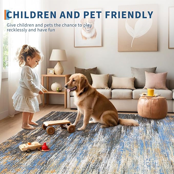 Washable Rug 9x12 Area Rug for Living Room, Non Slip Abstract Rug for Bedroom, Ultra Soft Area Rug, Low Pile Soft Contemporary Indoor Floor Carpet Cover, Blue/Brwon