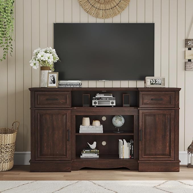 Maupvit TV Stands Farmhouse Entertainment Center for Televisions up to 65 Inch, Console Table Media Furniture with 2 Storage Cabinets and 2 Barn Door, Rustic TV Cabinet for Living Room, Brown