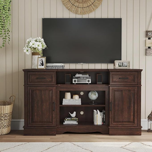 Maupvit TV Stands Farmhouse Entertainment Center for Televisions up to 65 Inch, Console Table Media Furniture with 2 Storage Cabinets and 2 Barn Door, Rustic TV Cabinet for Living Room, Brown