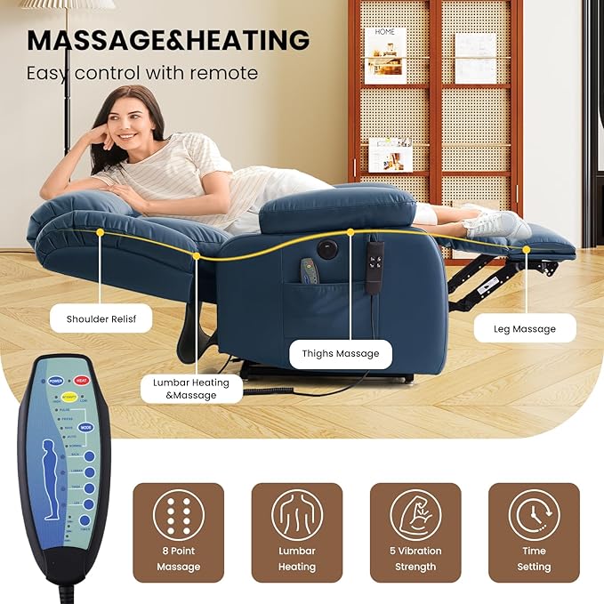 TEKAMON Power Lift Recliner Chair for Elderly with Heat & Massage, Dual Motor Breathable Leather Recliner, Lay Flat Sleeping Chairs with Infinite Position, RemoteControl & USB Ports(Deep Blue)