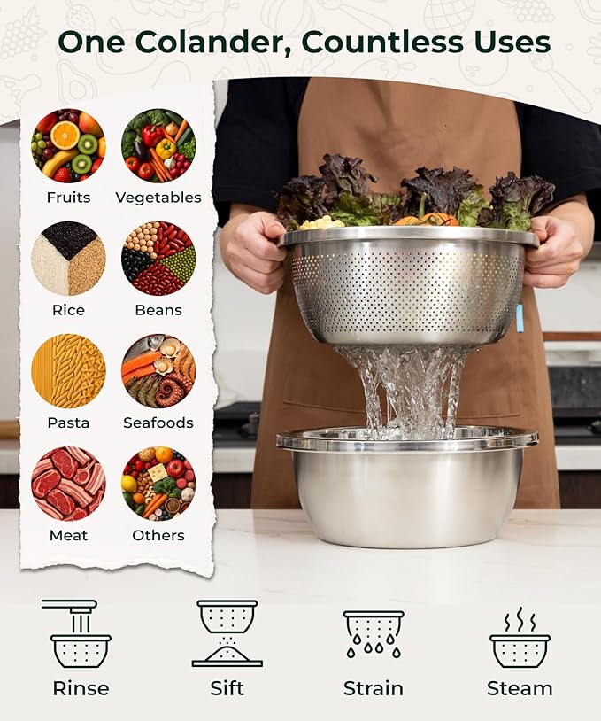 Enther Stainless Steel Colander Set with Lid - Set of 3 Rice Strainer Bowls, 2.6, 3.2, 4QT - Durable Mesh Filter, Nestable Design for Washing Vegetables, Fruit and Rice and for Draining Cooked Pasta
