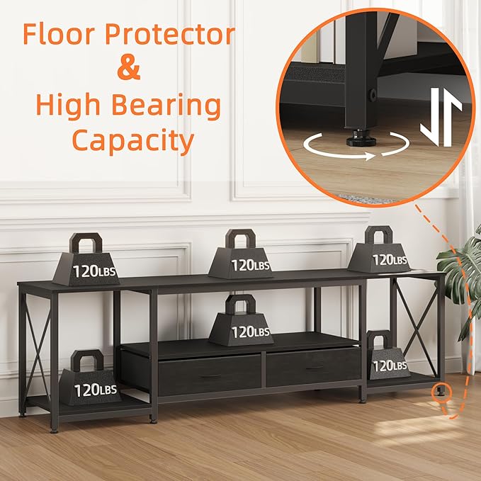 TV Stand with Fabric Drawers for 75 80 Inches TV - Entertainment Center and Industrial TV Console Table with Open Storage Shelves for Living Room, Bedroom- 71.5" Black