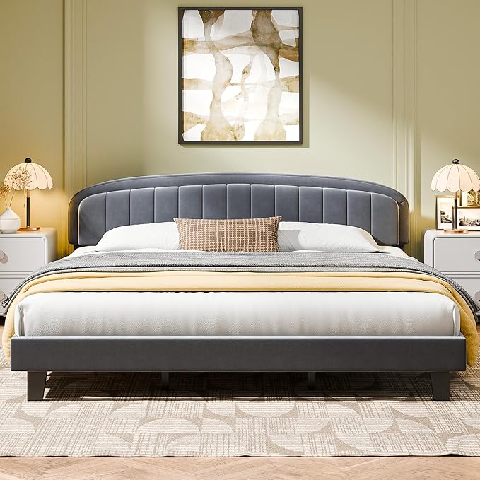 Cozy Castle King Size Bed Frame, Upholstered Platform Bed with Velvet Adjustable Curved Headboard, Mattress Foundation with Strong Wooden Slats, No Box Spring Needed, Easy Assembly, Gray