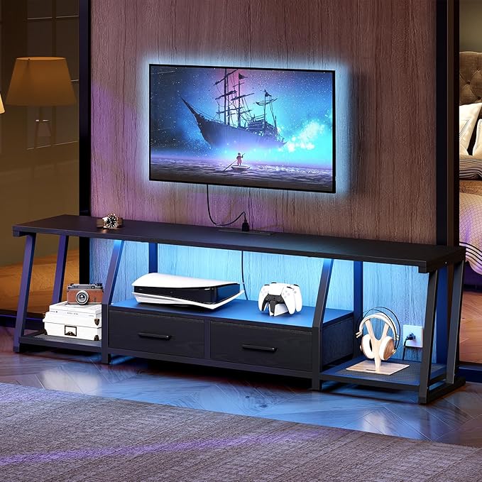 LED TV Stand with Fabric Drawers for 80 Inch TV, Entertainment Center with Power Outlets and Open Storage Shelves, Industrial Media TV Console Table for Living Room, Bedroom, Black