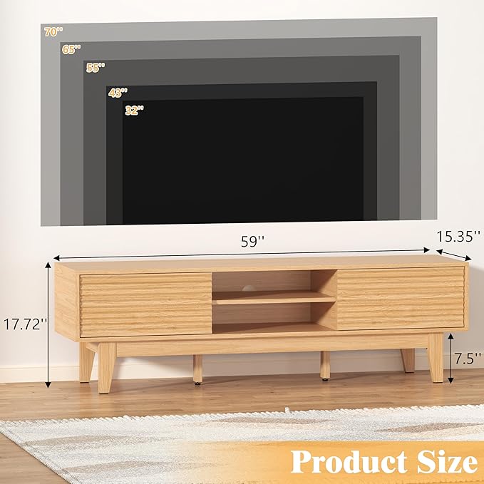 Wooden Fluted TV Stand for 55 65 70 inch TV, Long & Large TV Media Console Table with Storage Cabinets, Boho Farmhouse Entertainment Center for Living Room, Bedroom - Natural Wood