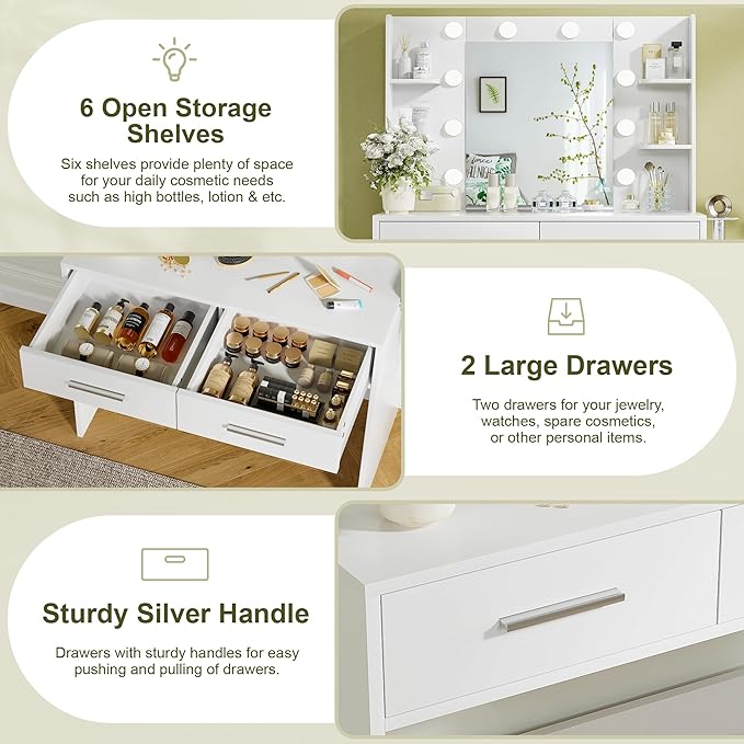 YESHOMY Vanity Desk with Mirror, Makeup Table with 2 Large Drawers, Power Outlet and Round Holder, 3 Color Modes Adjustable Bulb, White