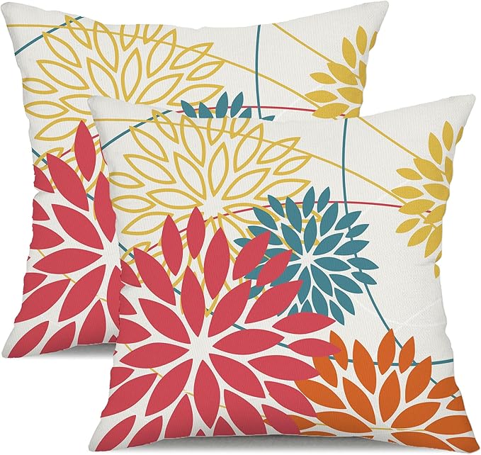 Pink and Orange Floral Pillow Covers 20x20 Set of 2 Fall Outdoor Waterproof Decorative Throw Pillows Valentines Pillowcovers Polyester Cushion Case Decor for Couch Patio Funiture Garden Porch 01R20