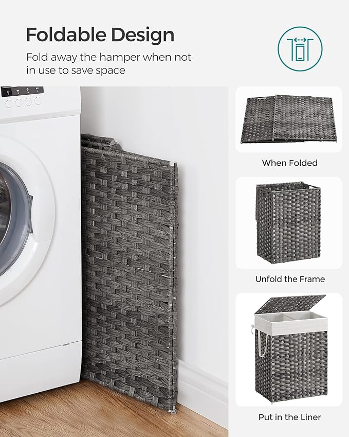SONGMICS Laundry Hamper with Lid, 90L Clothes Hamper with 2 Removable Liner Bags, 6 Mesh Bags, Wicker Laundry Basket, Double Laundry Hamper for Bathroom, 13 x 18.1 x 23.6 Inches, Gray ULCB251G01V1
