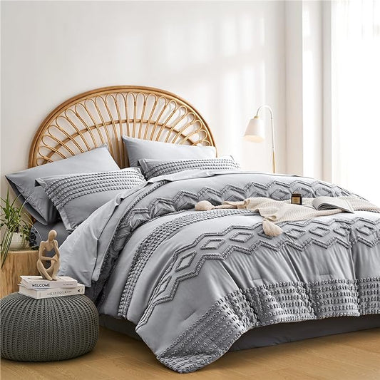KAKIJUMN Grey 7-Piece Bohemian Geometric Tufted Comforter Set, All Season Microfiber Bedding Set(Queen)
