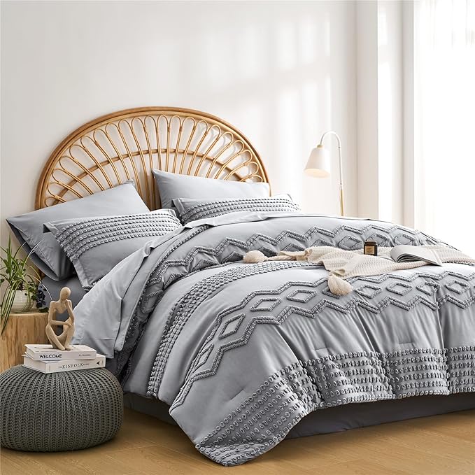 KAKIJUMN Grey Tufted Comforter Set King Size 7 Piece Bed in a Bag, Shabby Chic Boho Comforter and Sheet Set, Pom Pom Textured Bed Set, All Season Soft Microfiber Complete Bedding Set(Grey,King)