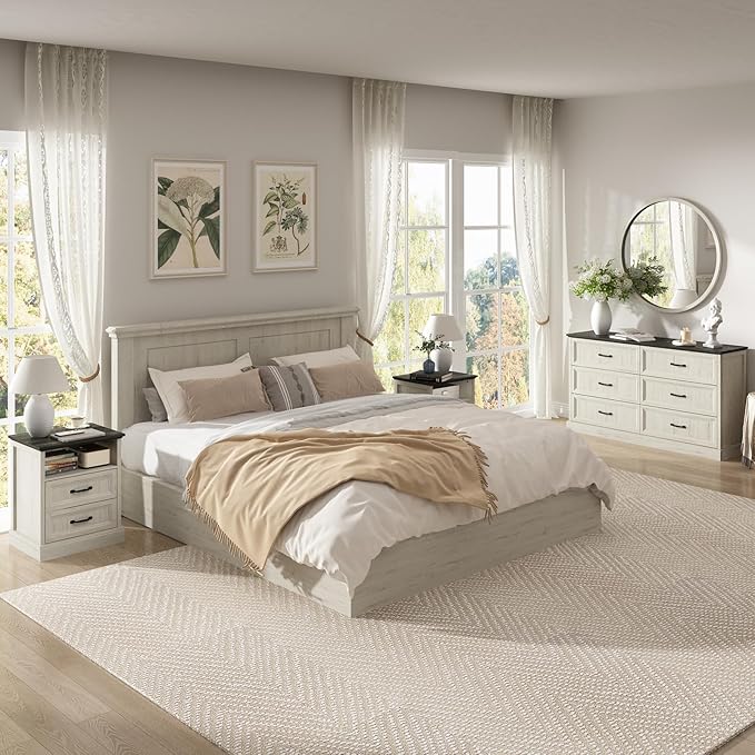 CARPETNAL Farmhouse Dresser and Nightstand Sets for Bedroom, 3 Pcs Bedroom Set, 6 Drawer Dresser & Nightstand Set of 2, Modern Wood Chest of Drawers for Bedroom, Living Room, Entryway, White