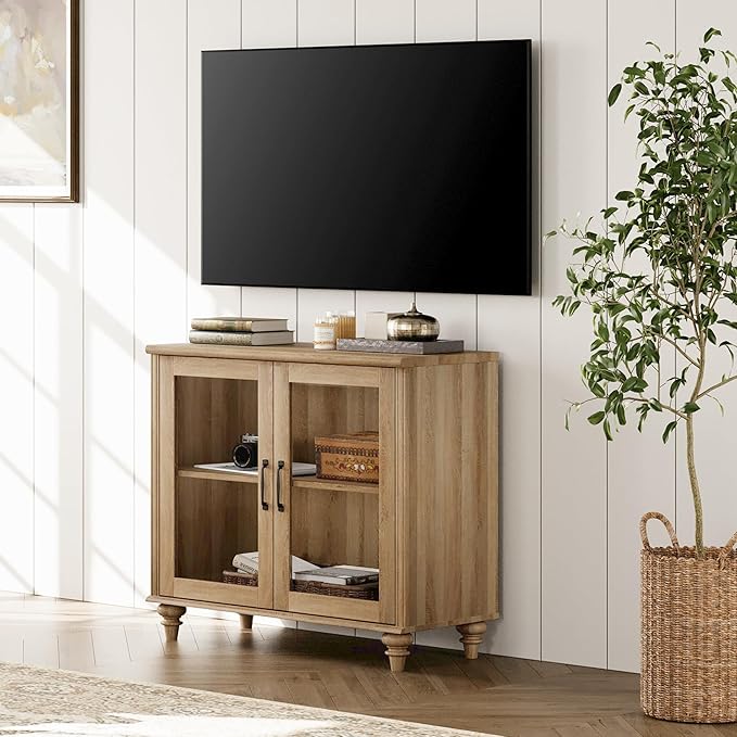 WAMPAT Farmhouse TV Stand for TVs Up to 43 inch, Glass Wood Universal TV Stand with 2 Storage Cabinets, Oak Entertainment Center for 32-43 inch TV Console Table for Living Room, Bedroom