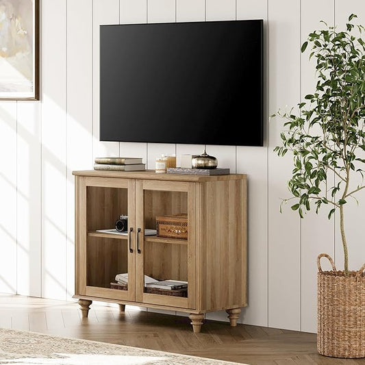 WAMPAT Farmhouse TV Stand for TVs Up to 43 inch, Glass Wood Universal TV Stand with 2 Storage Cabinets, Oak Entertainment Center for 32-43 inch TV Console Table for Living Room, Bedroom