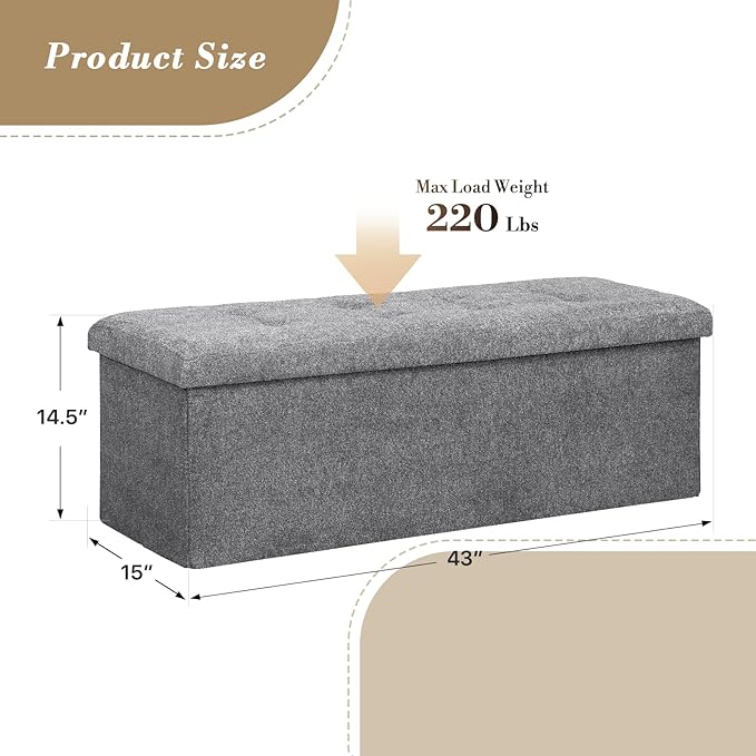 Athena Collection Ottoman Bench with Storage, 43 Inches Large End of Bed Storage Ottoman Bench, 130L Load 220 Lbs Linen Foot Rest for Bedroom, Living Room, Entyway, Dark Gray