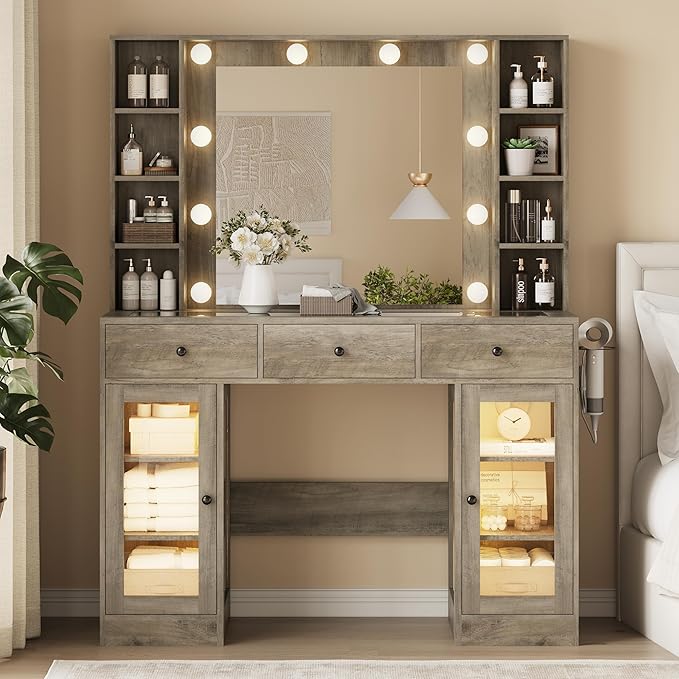 Makeup Vanity Desk with Mirror and Lights, Glass Top Vanity Table Set with Drawers & Power Outlet, Large Dressing Table with 3 Color Lighting Modes & RGB Cabinets for Women Girls Kids Bedroom, Grey