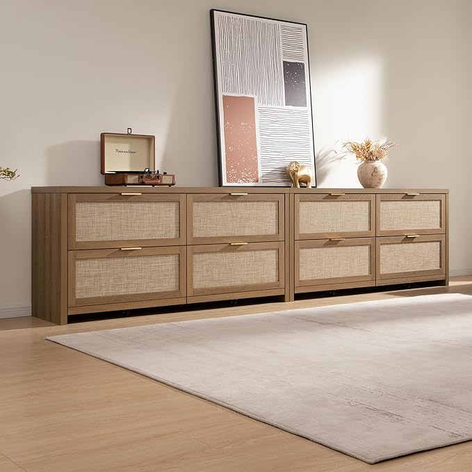 SICOTAS Large Dresser for Bedroom Set 2, Rattan Dressers with 4 Deep Drawers, Long Chest of Drawers for Closet, Farmhouse TV Stand (Reclaimed Caramel Oak, 4 Drawers (2 pcs))