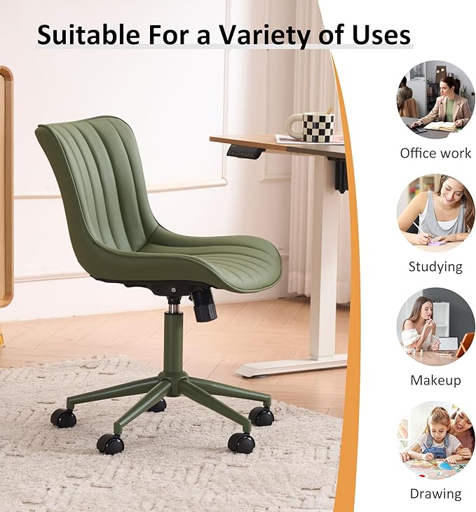 YOUNIKE Green Home Office Desk Chair with Wheels Armless Compact Comfy Vanity Chair with Adjustable Back Modern Small Leather Upholstered Rolling Swivel Cute Computer Task Sewing Chair No Arms
