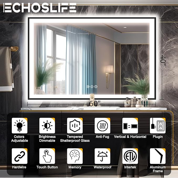 60x40 LED Mirror for Bathroom - Matte Black Framed (Front and Backlit), Anti-Fog Vanity Mirror with Lights,Stepless Dimmable Lit Mirror,3 Colors Smart(Horizontal/Vertical)