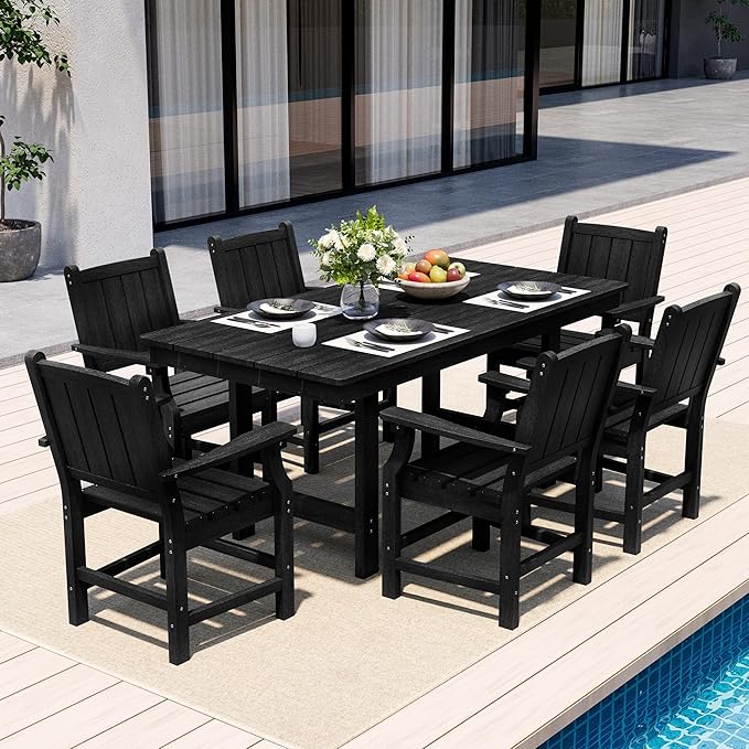 7-Piece HDPE Outdoor Dining Set, Wood-Like Design Outdoor Table and Chairs with Elegant Armrest, All-Weather Patio Table and Chairs Set with Umbrella Hole for Porch, Poolside, Black