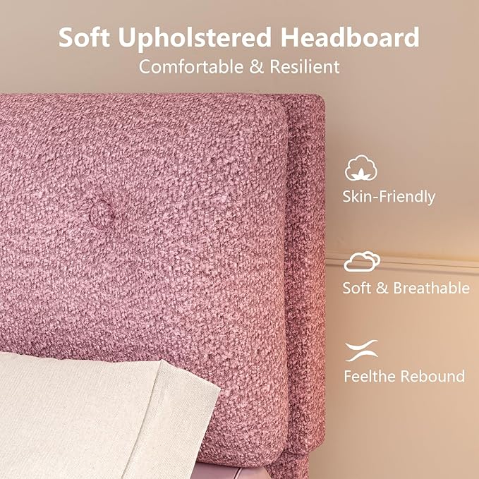 Full Bed Frames,Breathable Boucle Fabric Upholstered Bed Frame with Headboard,Removable and Washable,Wood Slat Support,No Box Spring Needed,Easy Assembly,Pink