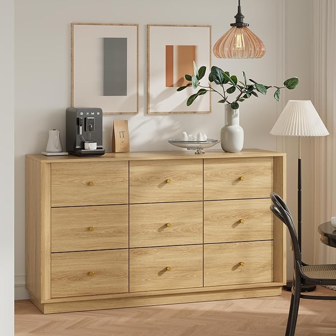 9 Drawer Dresser, Mid Century Modern Dresser with Storage, 55" Wide Chest of Drawers with Wood Grain Texture, Drawers Organizer for Bedroom, Living Room, Hallway, Gold Oak