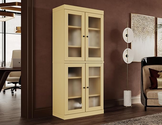Palace Imports Solid Wood Bookcase w/Frosted Glass Doors & Adjustable Shelves for Living Room - 6-Tier Tall Bookshelf, 71.5" H x 32” W - Yellow, 100% Renewable Eco-Friendly Wood, Made in Brazil