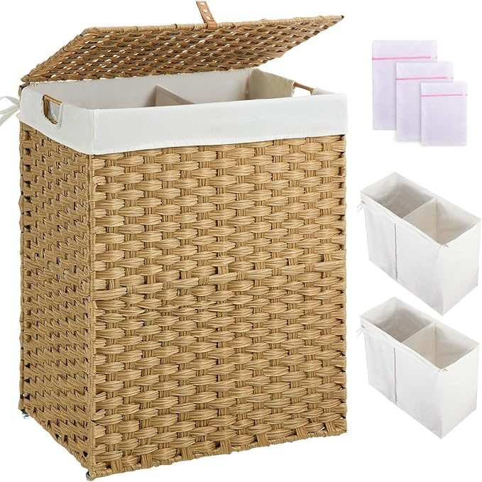 Greenstell Laundry Hamper with lid, No Install Needed, 110L Wicker Laundry Baskets Foldable 2 Removable Liner Bags, 2 Section Clothes Hamper Handwoven Rattan Laundry Basket with Handles, Natural