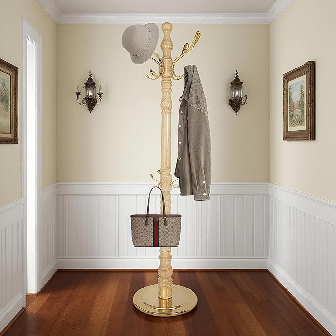 73”Vintage Wooden Coat Rack Freestanding With 14 Hooks and Sturdy Round Base。3-level Adjustable Vintage Wooden Coat Rack.Coat Rack Stand for Living Room Bedroom Office