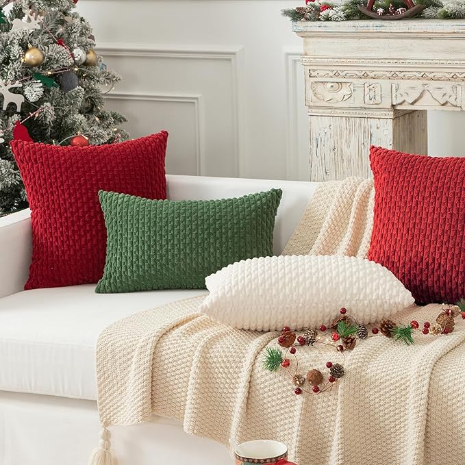 Kevin Textile Throw Pillow Covers Soft Corduroy Decorative Set of 2 Boho Striped Christmas Pillow Covers Pillowcases Farmhouse Home Decor for Couch Bed Sofa Living Room 18x18 Inch Red